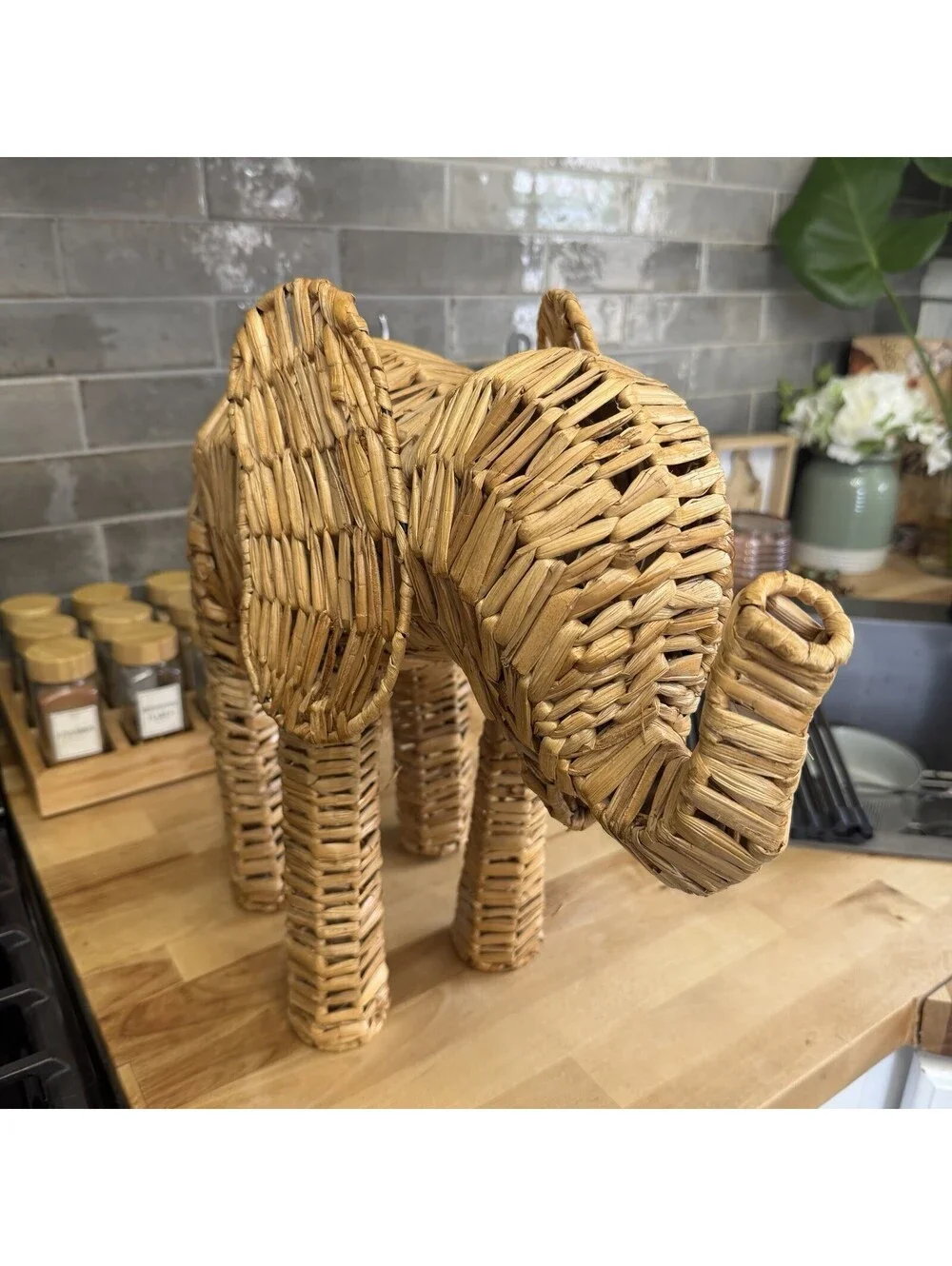 MCM 15” Woven Wicker Elephant Statue Decor Vintage Handmade Safari